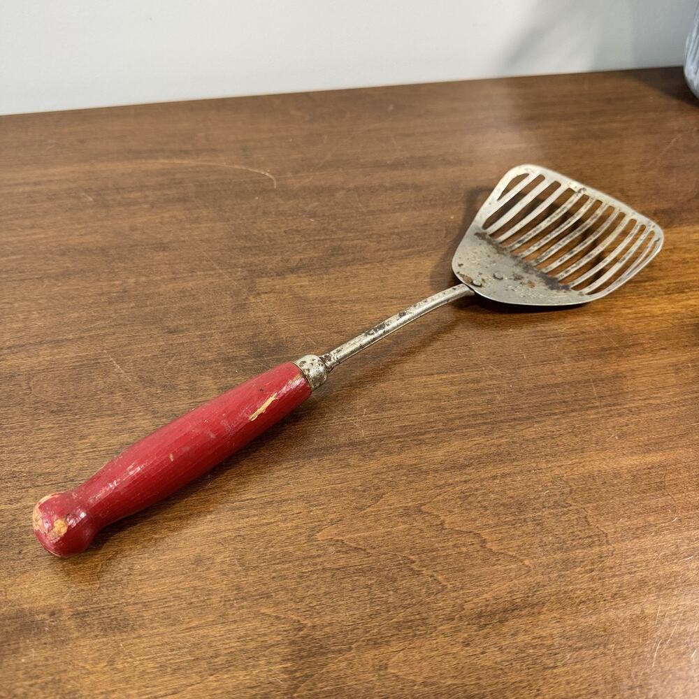 Vintage A&J Kitchen Tool Slotted Masher Smasher Strainer Red Wood Handle